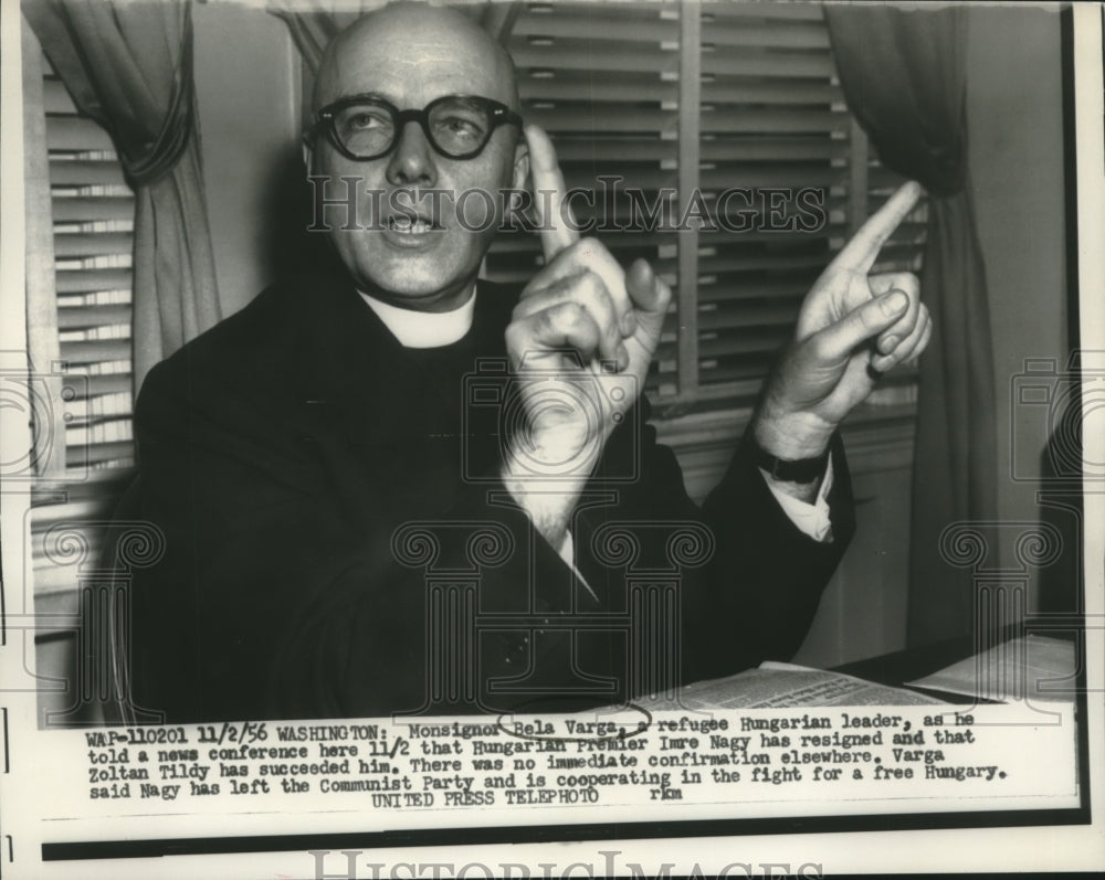 1956 Press Photo Refugee Hungarian leader Monsignor Bela Varga in Washington - Historic Images