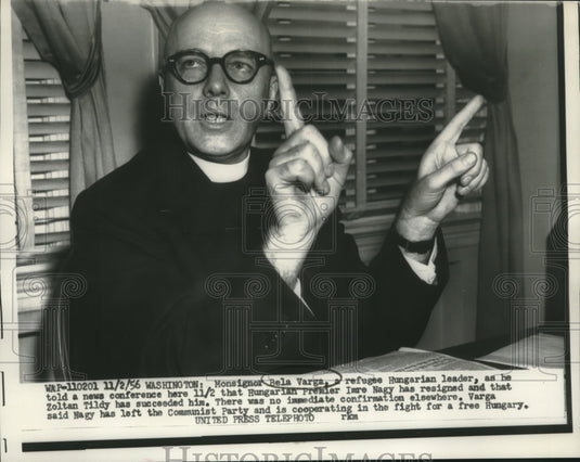 1956 Press Photo Refugee Hungarian leader Monsignor Bela Varga in Washington - Historic Images