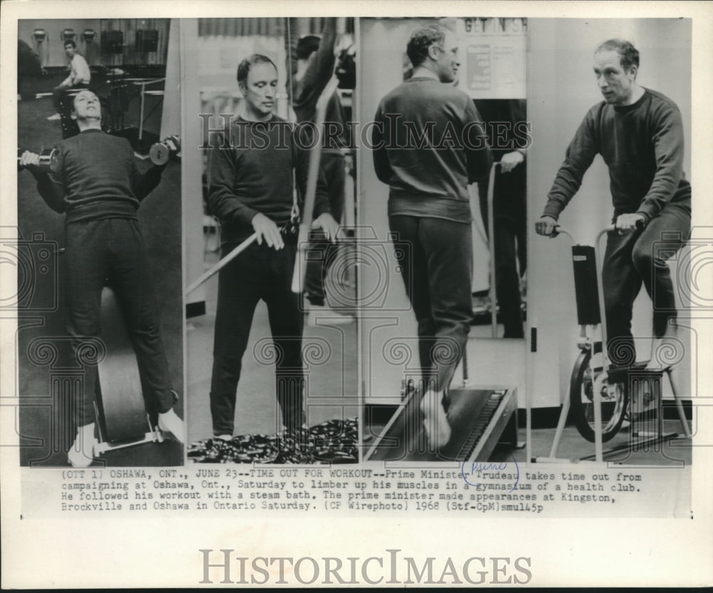 1968 Press Photo Prime Minister Trudeau of Canada working out Oshawa, Canada - Historic Images