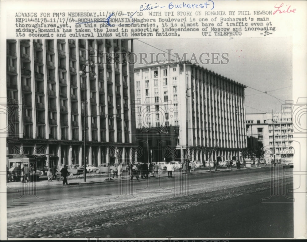 1964 Press Photo Magheru Boulevard in Bucharest, Romania shows little activity - Historic Images