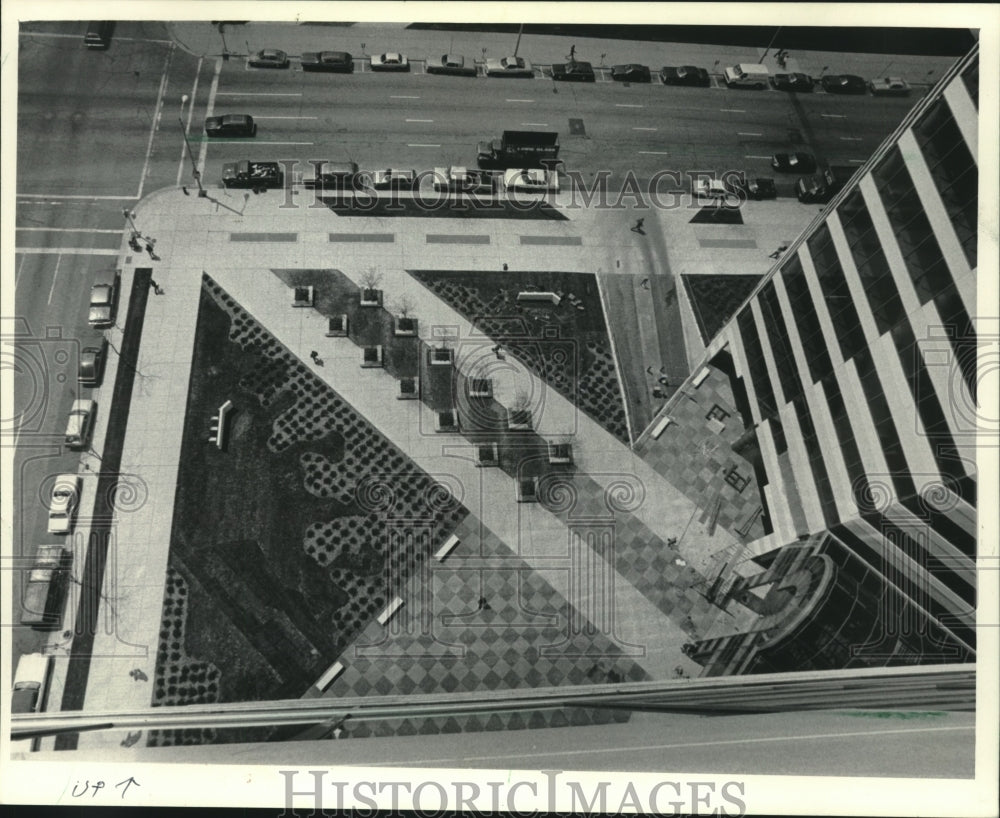 1984, Aerial view of landscaped entrance to Plaza East office center - Historic Images