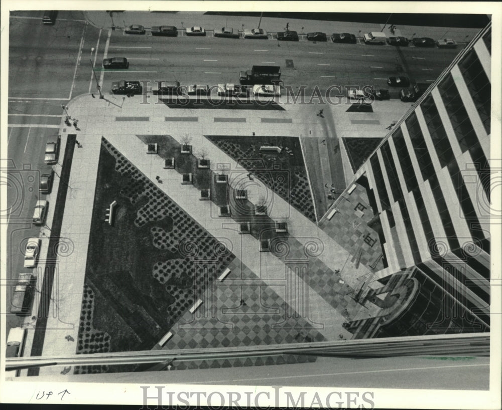 1984, Aerial view of landscaped entrance to Plaza East office center