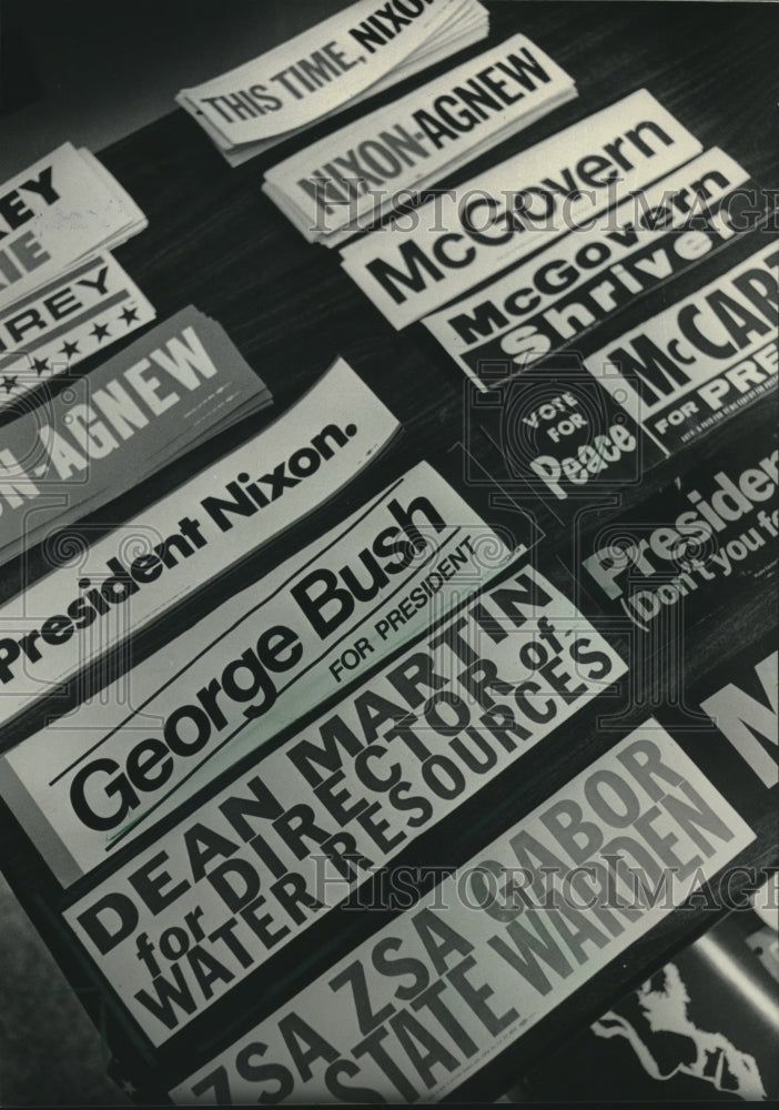 1984 Press Photo Bumper Stickers for Various Presidential Candidate Campaigns - Historic Images