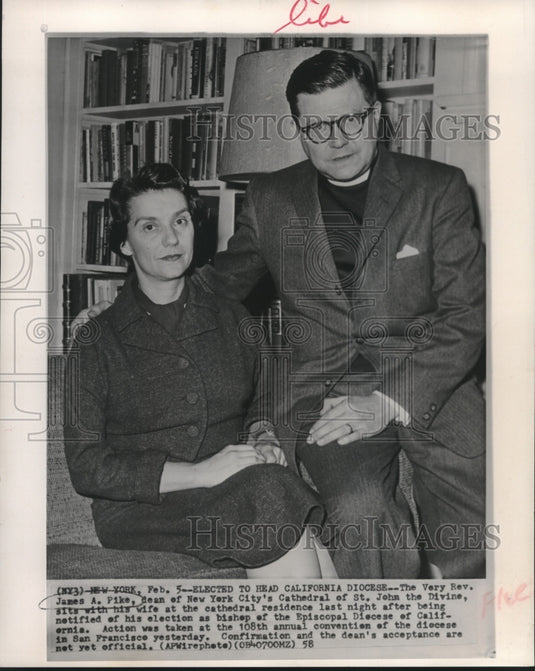 1958 Press Photo The Very Rev. James A. Pike, Head of California Diocese, & Wife-Historic Images