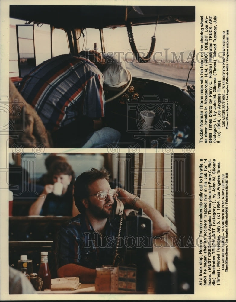 1994 Press Photo Trucker Norman Thorne calls wife on the phone; naps in truck - Historic Images