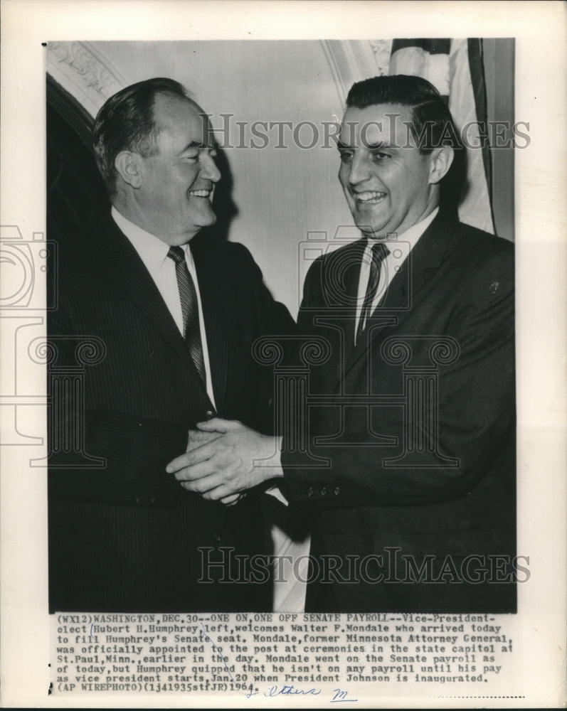 1964, Hubert Humphrey welcomes Walter Mondale to Washington - Historic Images