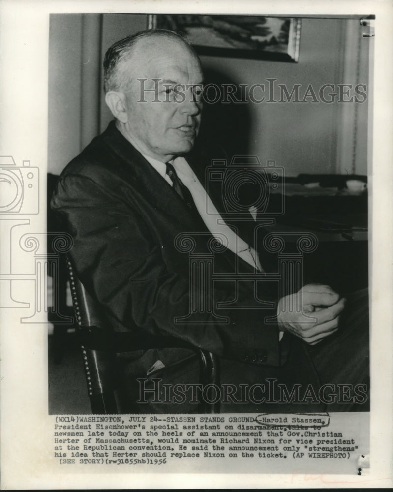 1956 Press Photo Harold Stassen, President Eisenhower&#39;s Assistant on DIsarmament - Historic Images