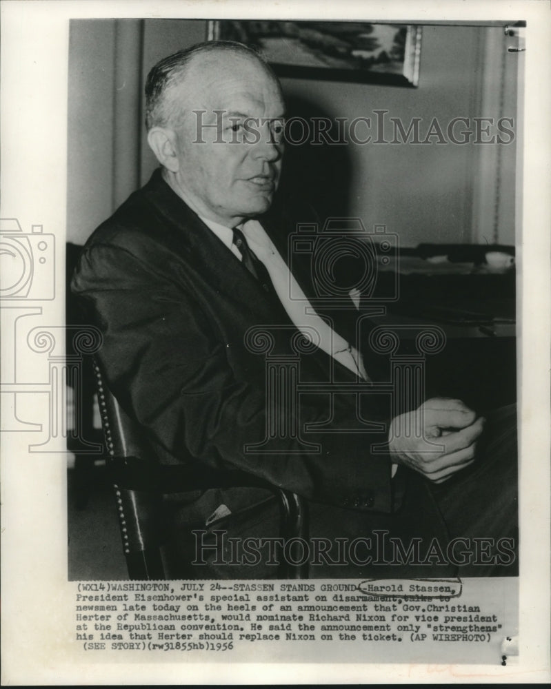 1956 Press Photo Harold Stassen, President Eisenhower's Assistant on DIsarmament - Historic Images