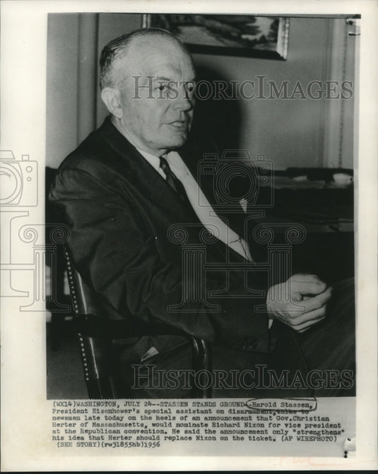 1956 Press Photo Harold Stassen, President Eisenhower's Assistant on DIsarmament - Historic Images