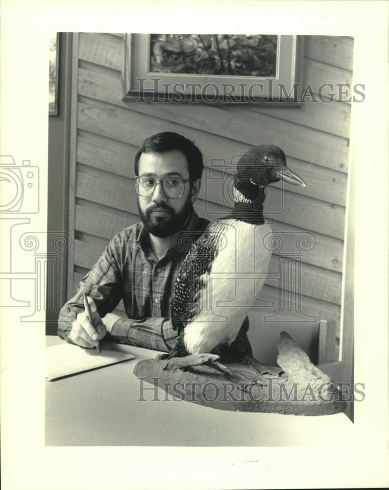 1987, Paul Strong poses with mounted common loon in Ashland - Historic Images