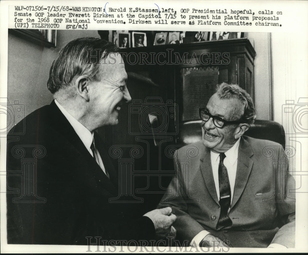 1968, Harold Stassen talks to Everett Dirksen at the Capitol - Historic Images