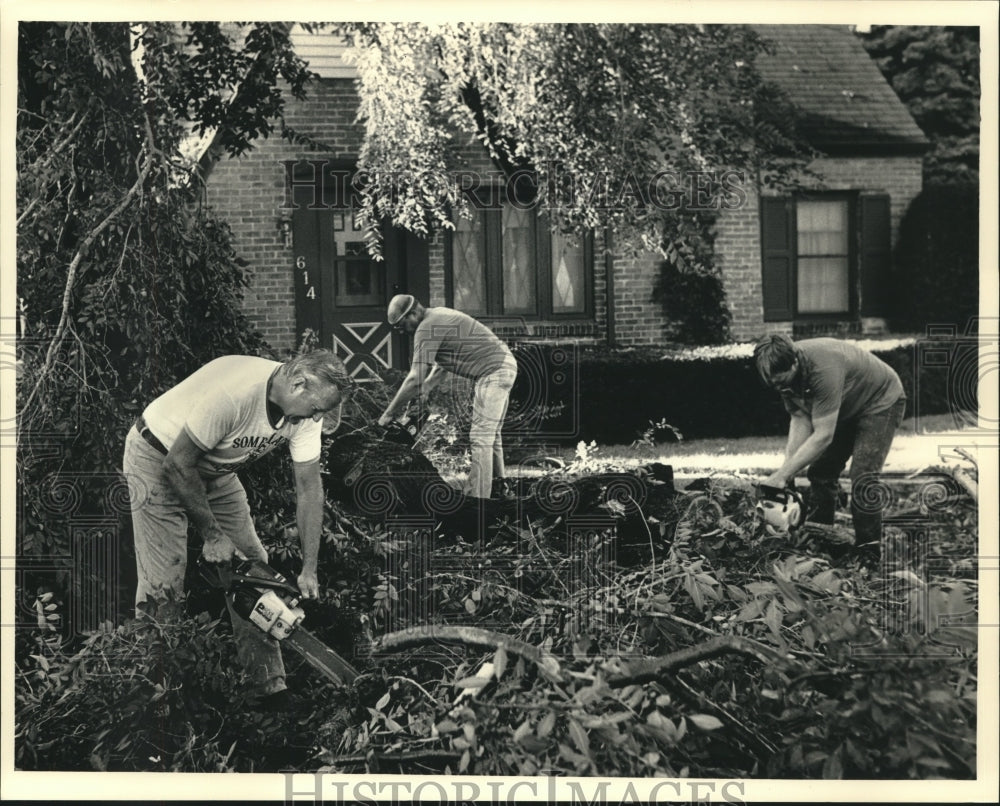 1987 Press Photo Men clear fallen tree limb after storm, Wisconsin - mjc09963 - Historic Images