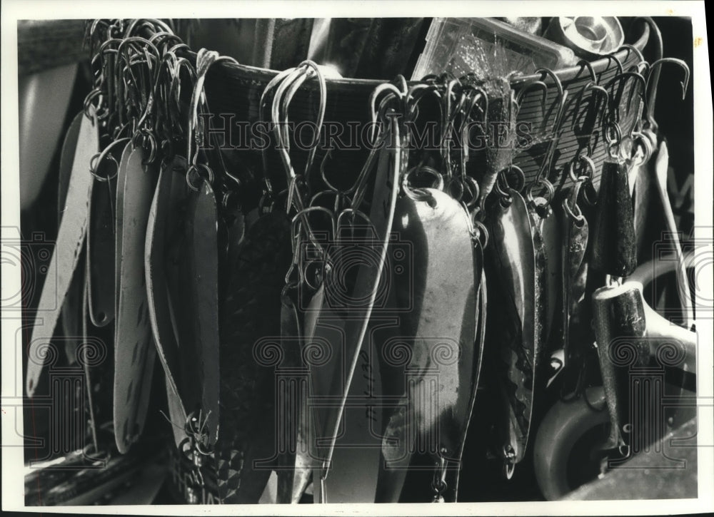1989 Variety of fishing lures await use at Port Washington - Historic Images