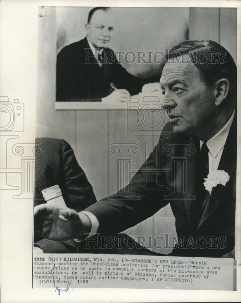 1968 Press Photo Harold Stassen at Milwaukee campaign headquarters with new look - Historic Images