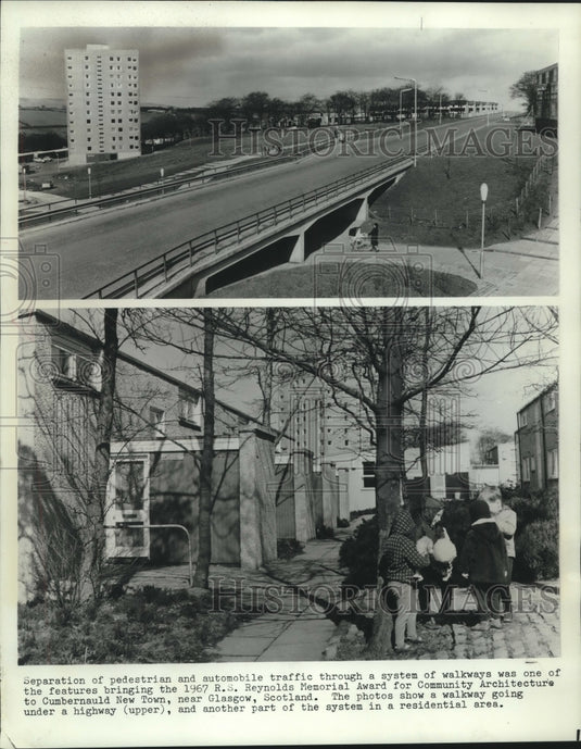 1967 Press Photo Separation of auto and pedestrian traffic in Scotland-Historic Images