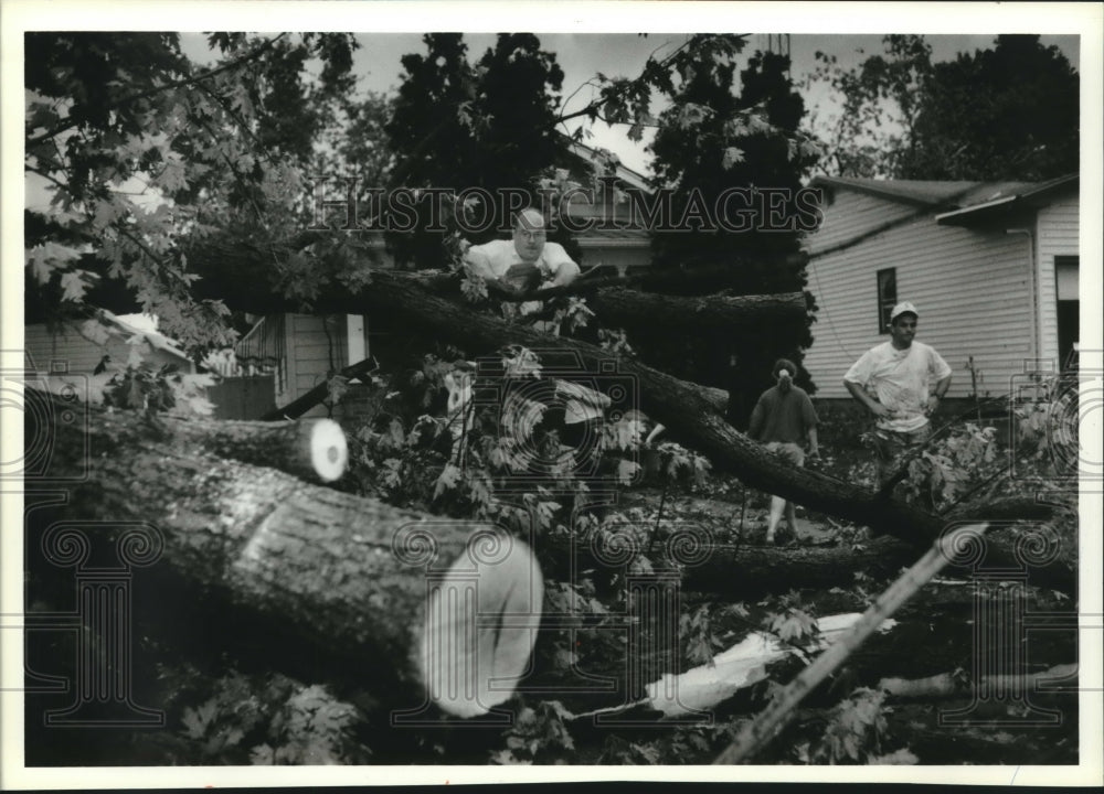 1993 Press Photo Neighbors clear trees from Harold and Esther Bent&#39;s property - Historic Images