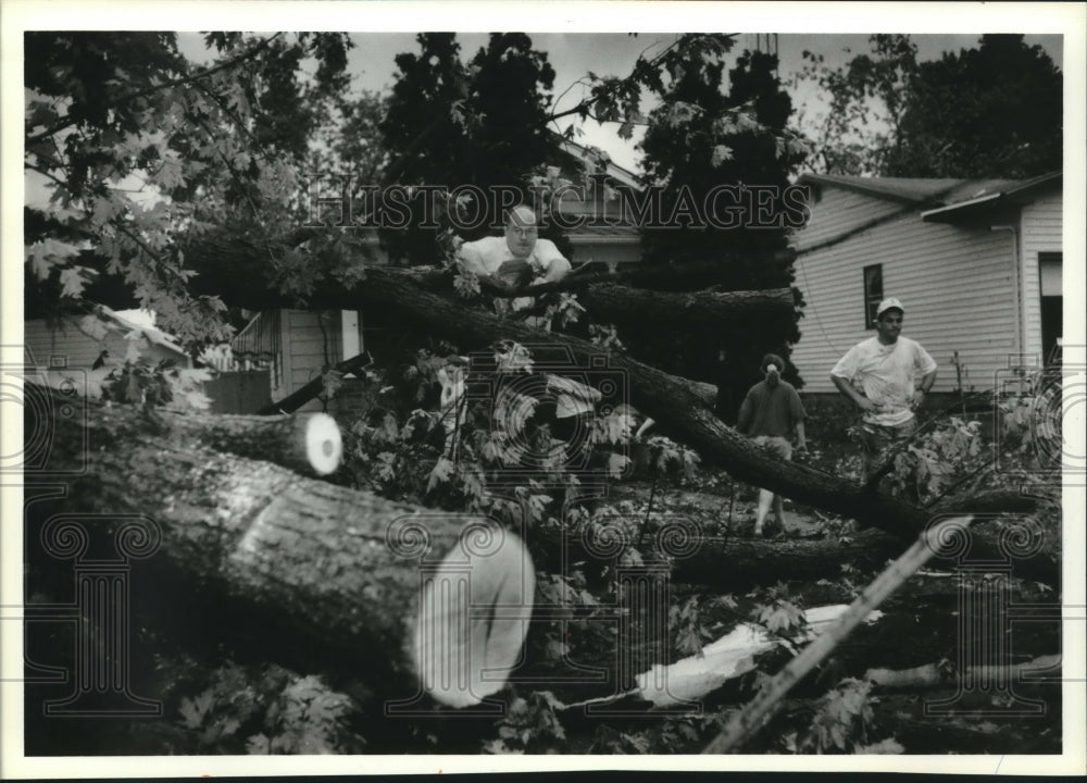 1993 Press Photo Neighbors clear trees from Harold and Esther Bent's property - Historic Images