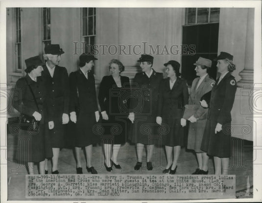 1945, Mrs. Truman greets American Red Cross ladies at White House - Historic Images