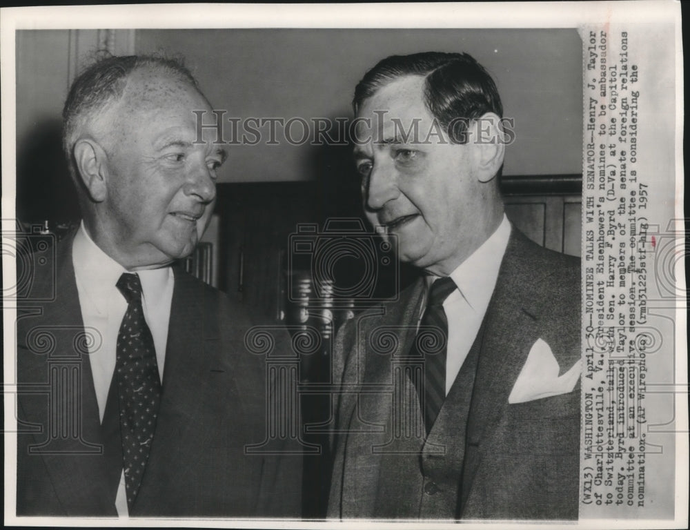 1957 Press Photo Henry Taylor, Senator Harry Byrd, speak at Capitol, Washington - Historic Images