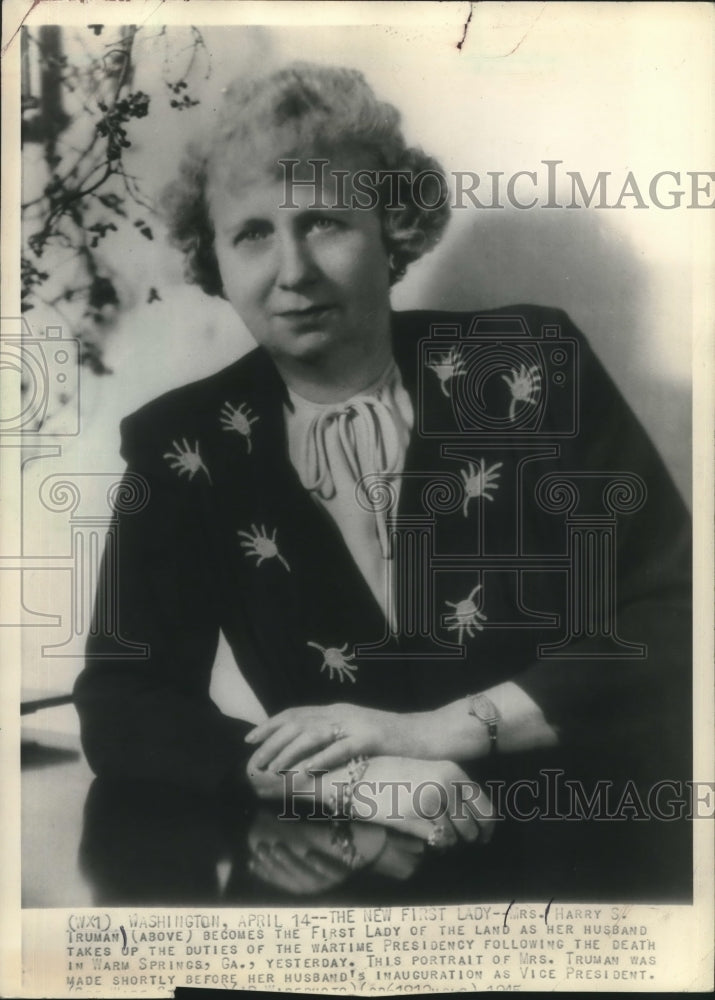 1944 Press Photo Mrs. Harry S. Truman becomes new First Lady of the White House- Historic Images