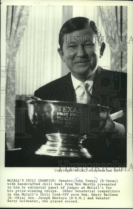 1974, Senator John Tower of Texas, holds McCall's Chili Champion bowl - Historic Images
