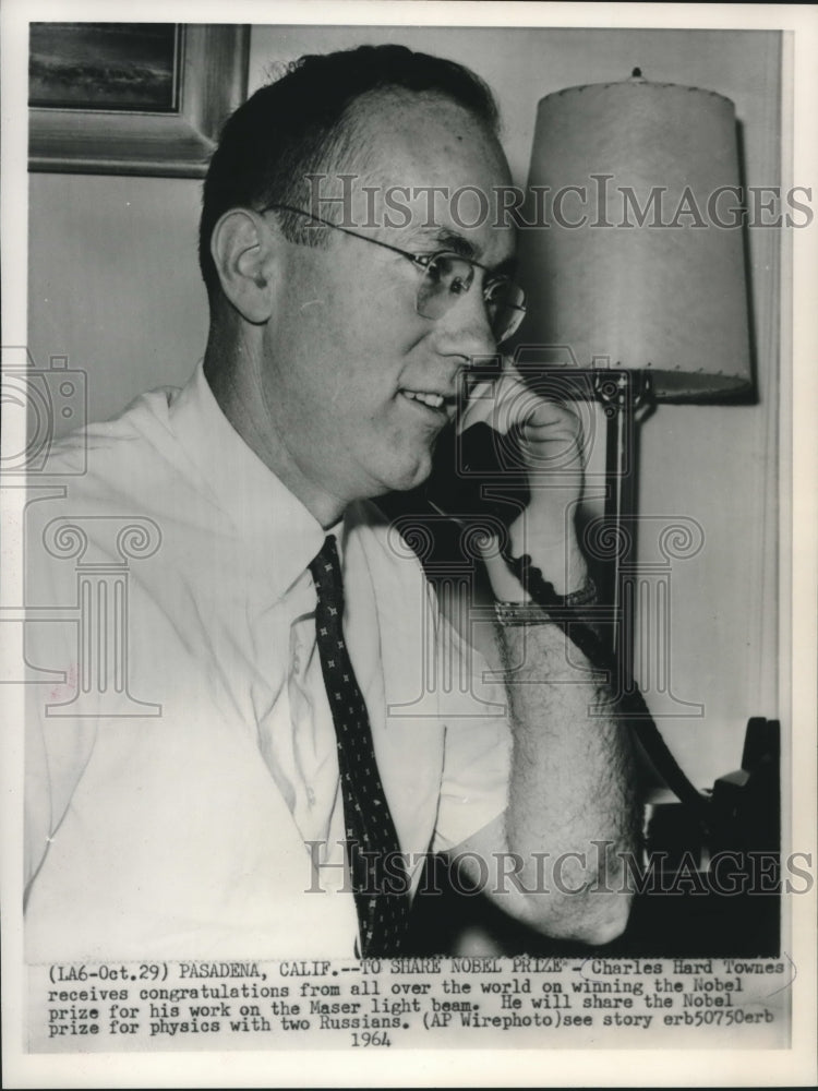 1964, Nobel Prize winner, Charles Hard Townes, on phone, California - Historic Images