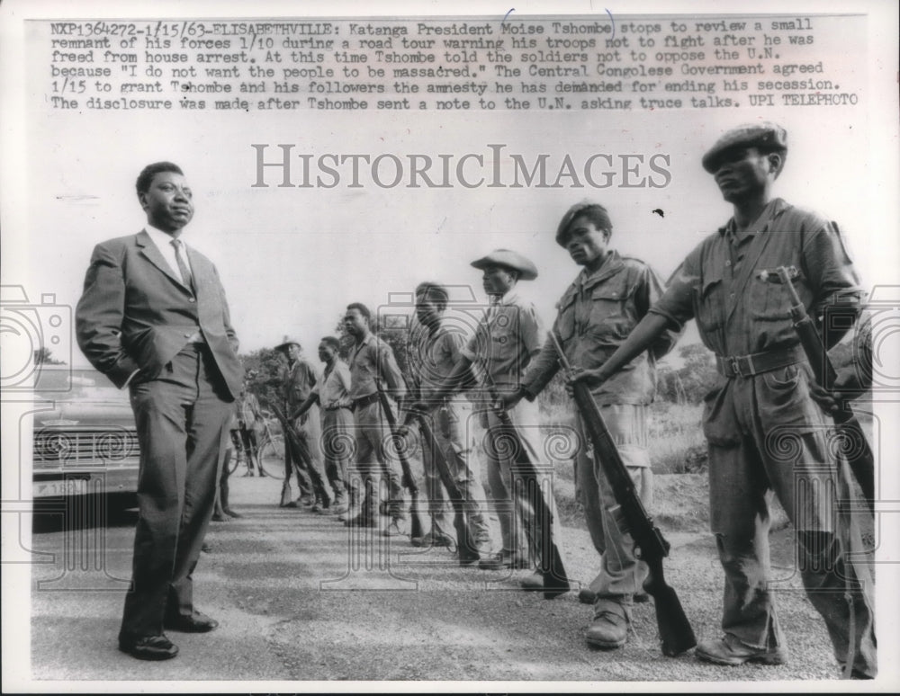 1963, Katanga President Mosie Tshombe reviewing his troops - Historic Images
