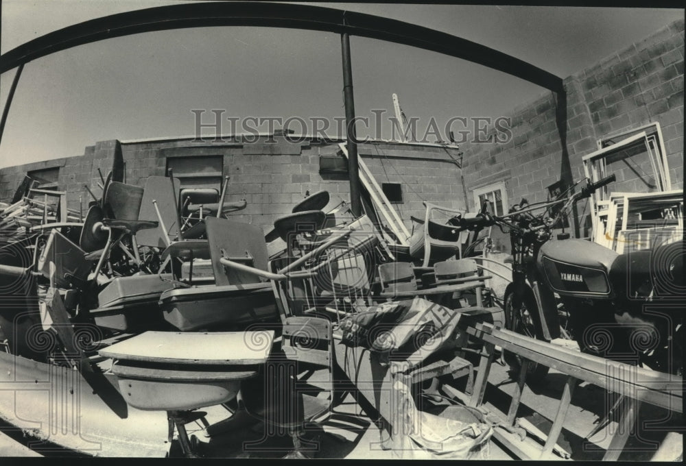 1983, Roof ripped off Westby High School from twister, Wisconsin. - Historic Images
