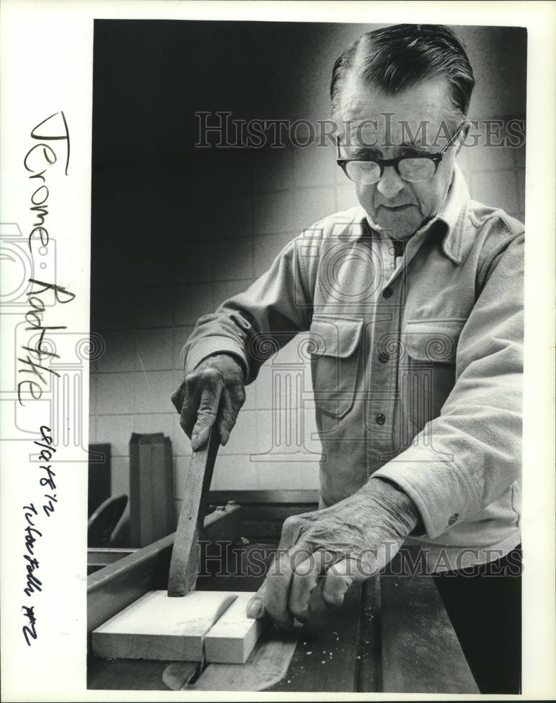 1982, Jerome Radtke used a saw at Tudor Oaks Retirement Community - Historic Images