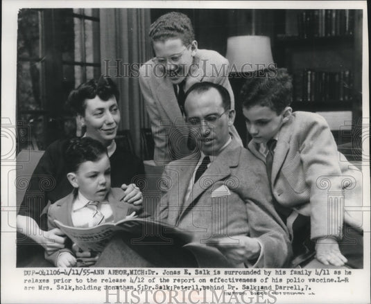 1955, Dr. Jonas E. Salk at home with wife and children, Michigan - Historic Images