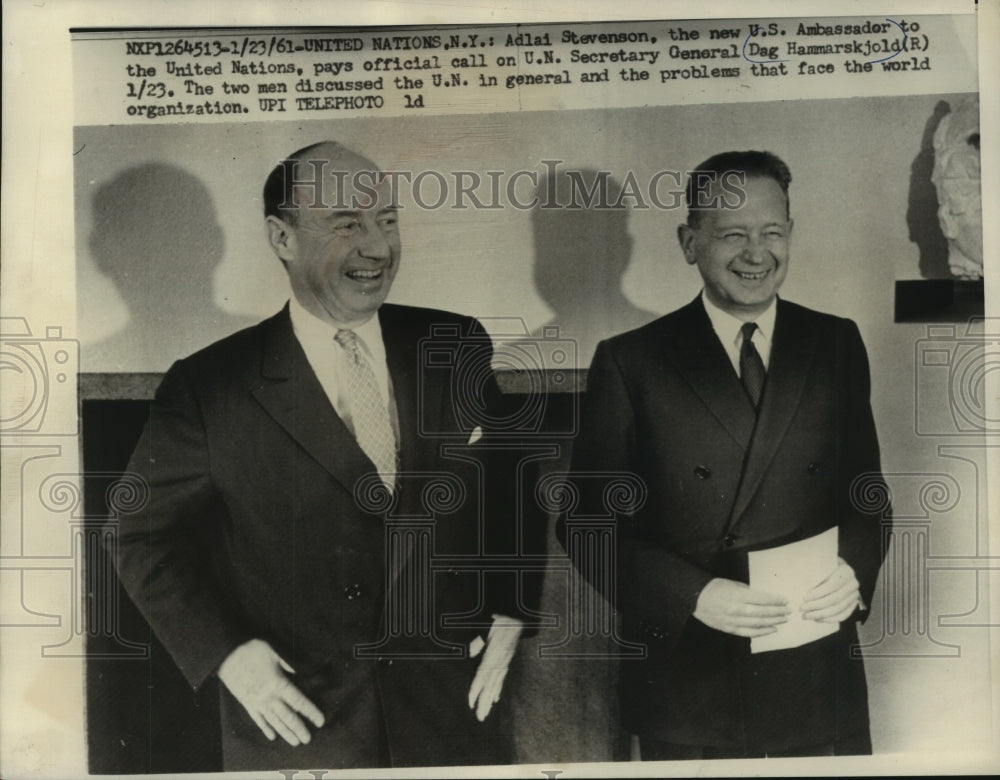 1961 Press Photo UN Ambassador Adlai Stevenson with UN Sec.Gen. Dag Hammarskjold - Historic Images