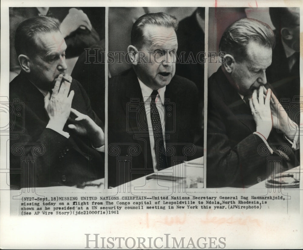1961, Dag Hammarskjold at UN security council meeting in New York - Historic Images