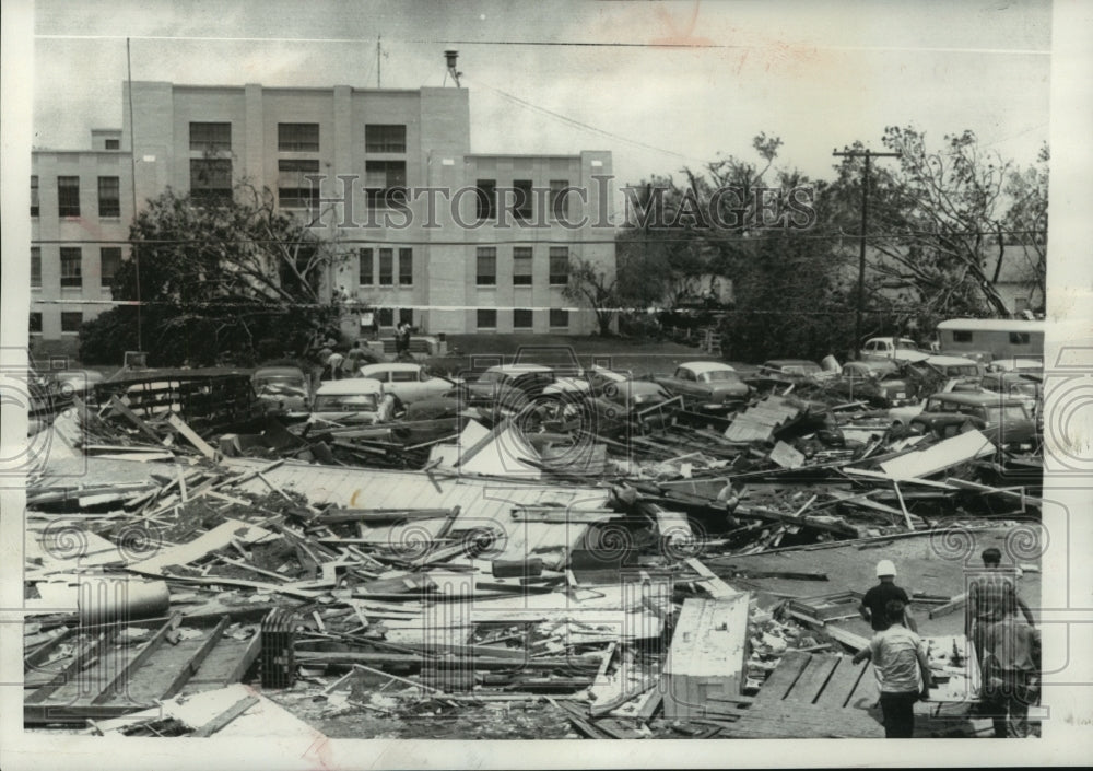 1957, Hurricane tidal wave damage around Cameron courthouse, Cameron - Historic Images