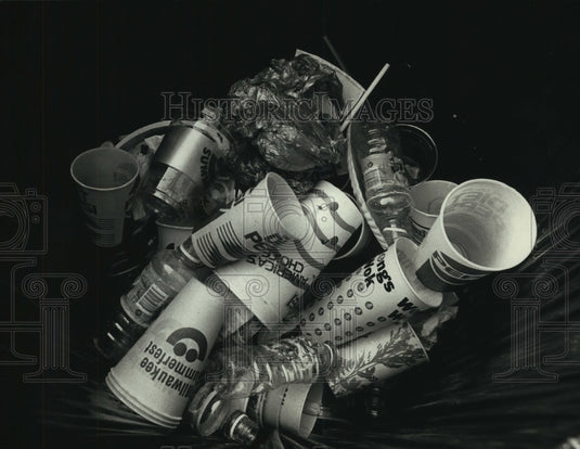 1991, Trash bin full of garbage, Summerfest - mjc12398 - Historic Images