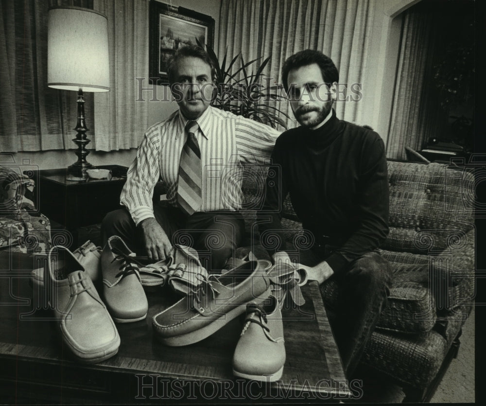 1979 Richard and John Tarney with samples of Earth Shoes, Milwaukee - Historic Images