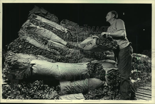 1986 Press Photo Wisconsin tobacco farmer stacking tobacco - mjc12448 - Historic Images