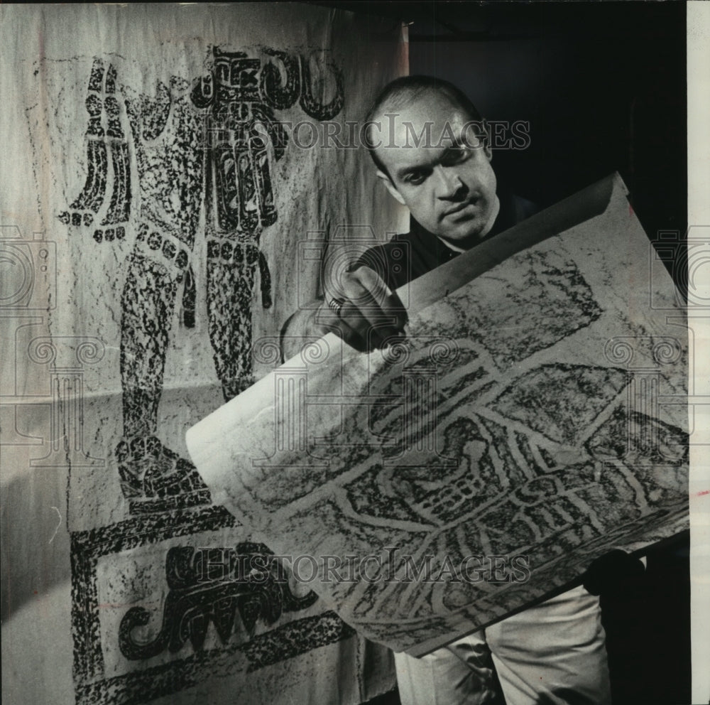 1964, Lee Tishler ,museum anthropologist, studies rubbing - mjc12524 - Historic Images