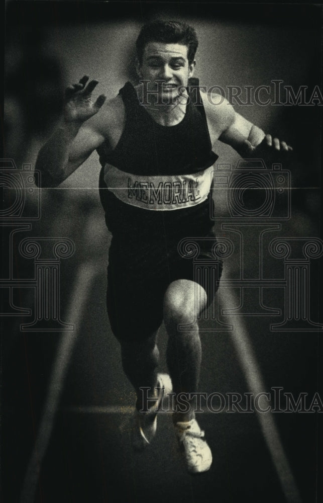 1992 Paul Laugh stretches for finish in 55-meter dash, Waukesha - Historic Images