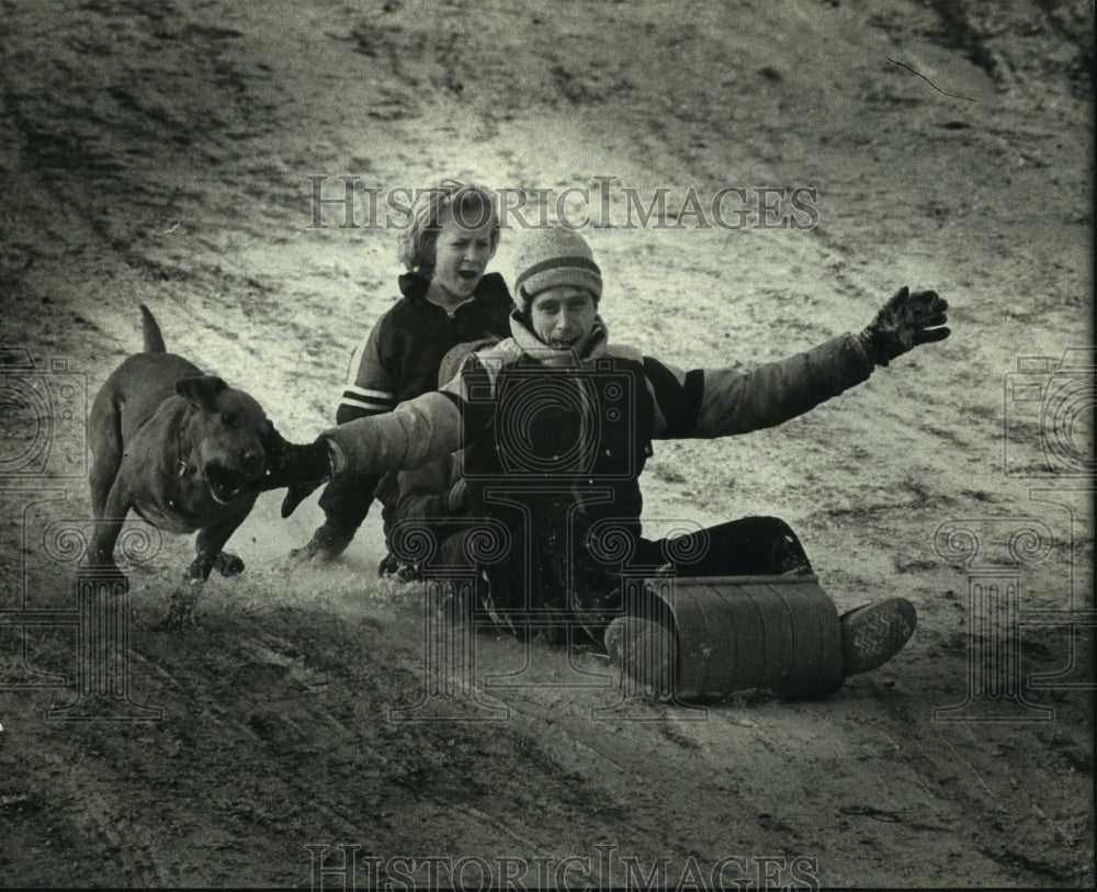 1990 Press Photo Gene &amp; Hailey Kopacz toboggan with dog Moose, Lake Park - Historic Images