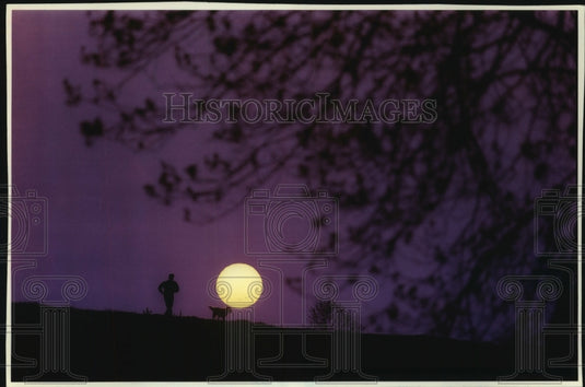 1993 Press Photo Man and his dog run along hill in Wisconsin Avenue Park - Historic Images