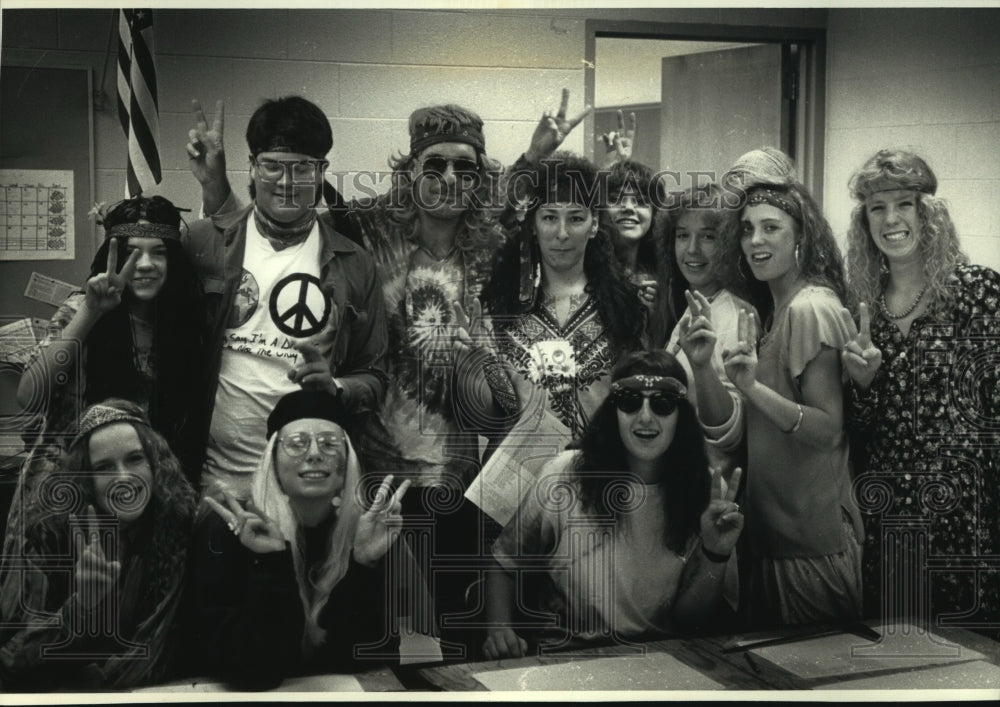 1991, Staff of the Troubador, dressed as Hippies at Hamilton High - Historic Images