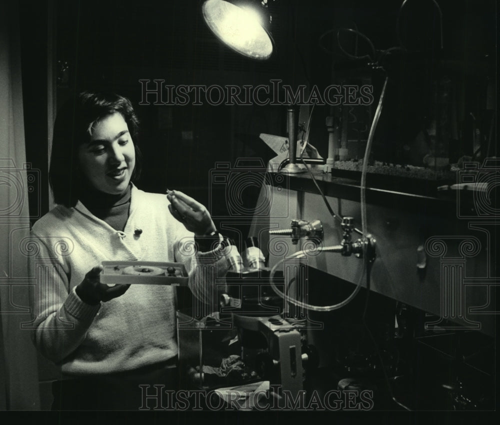 1984 Milwaukee student Maryellen Maneri looks at snail that can glow - Historic Images