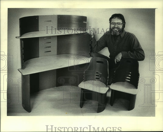 1984, Gerry Slater of "Playworks" with adjustable table and chairs - Historic Images