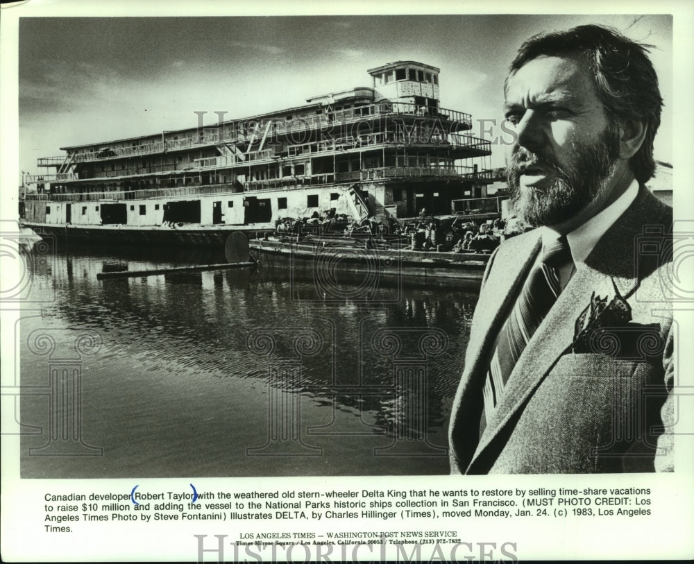 1983 Press Photo Robert Taylor with the Delta King stern-wheeler boat - Historic Images