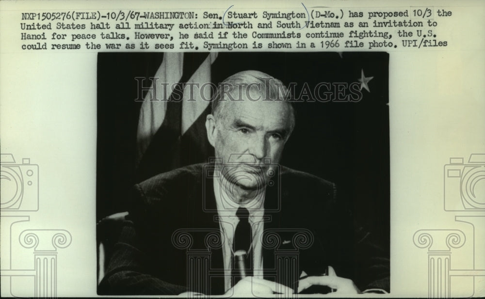 1966 Press Photo Senator Stuart Symington proposed halt to military action - Historic Images