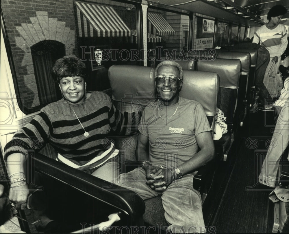 1987, Joanne and Joe Swan, owners of bar on trip to Delta Festival. - Historic Images