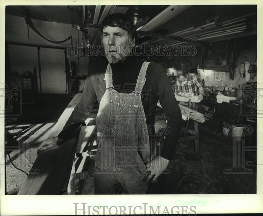 1983, Dick Slates owner of S&R Marine boat shop, Pewaukee, Wisconsin - Historic Images