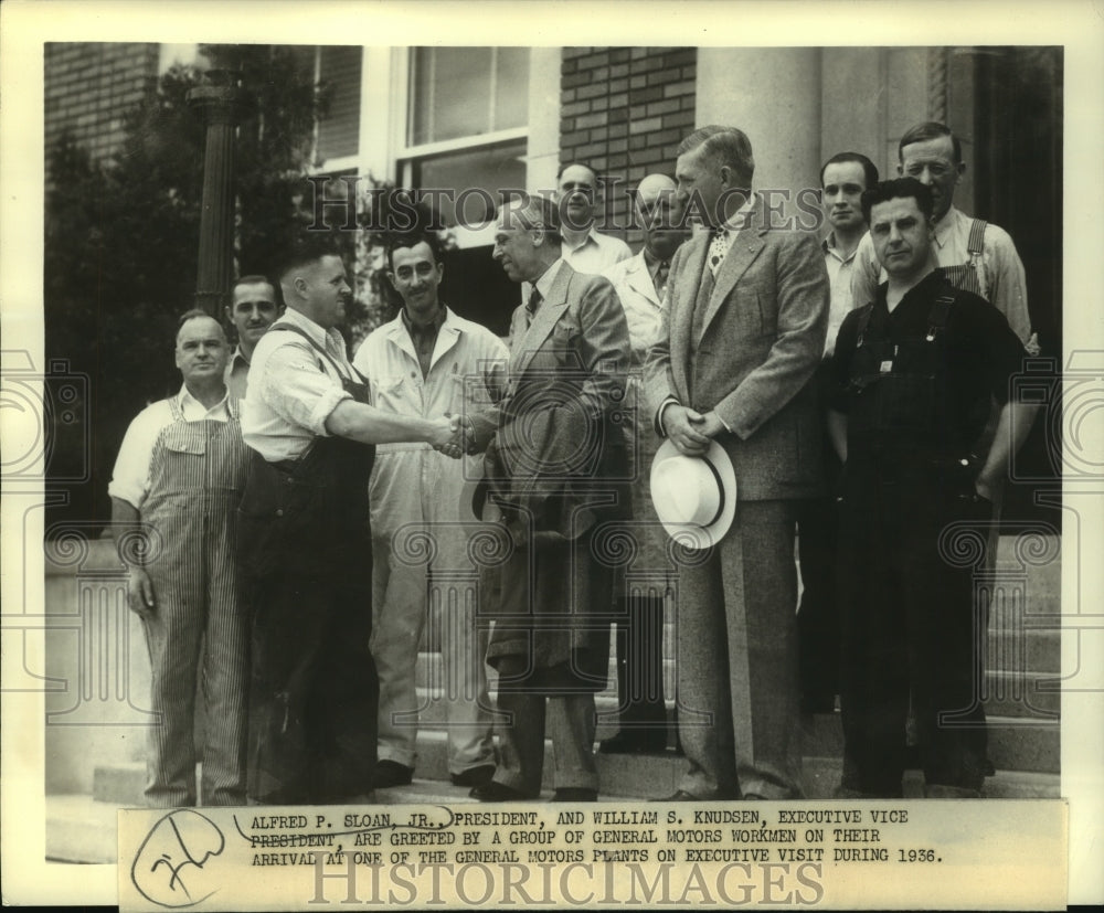1936 Press Photo Alfred P. Sloan Jr. president of General Motors greets workers - Historic Images