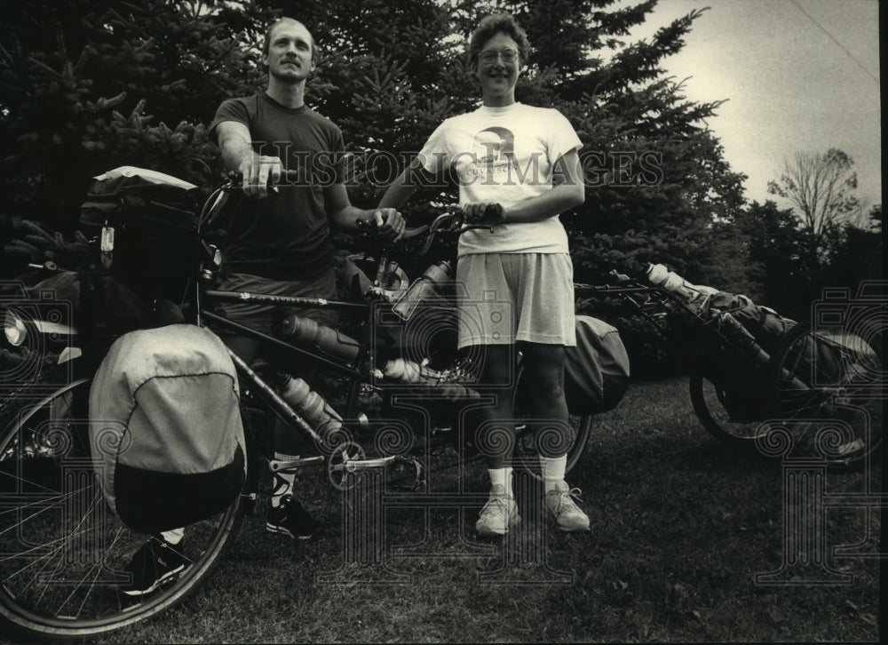 1991 Ronald and Sandra Slaughter with tandem bike, Saukville - Historic Images