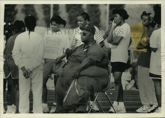 1991 Joe Sims, head coach of the Striders, at summer track program - Historic Images